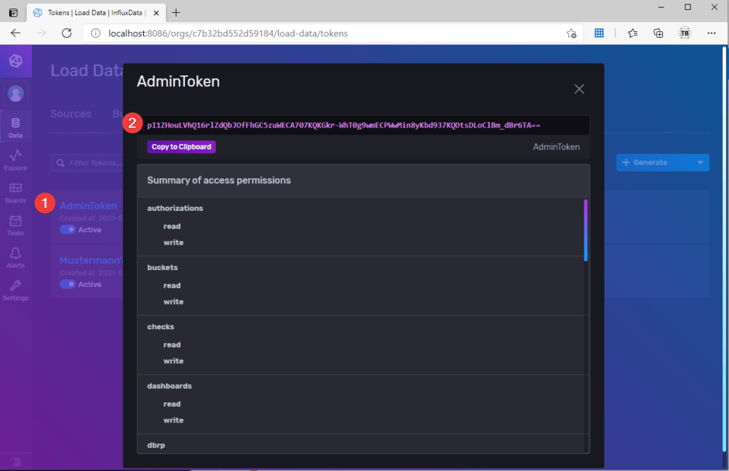 influxdb 管理員令牌