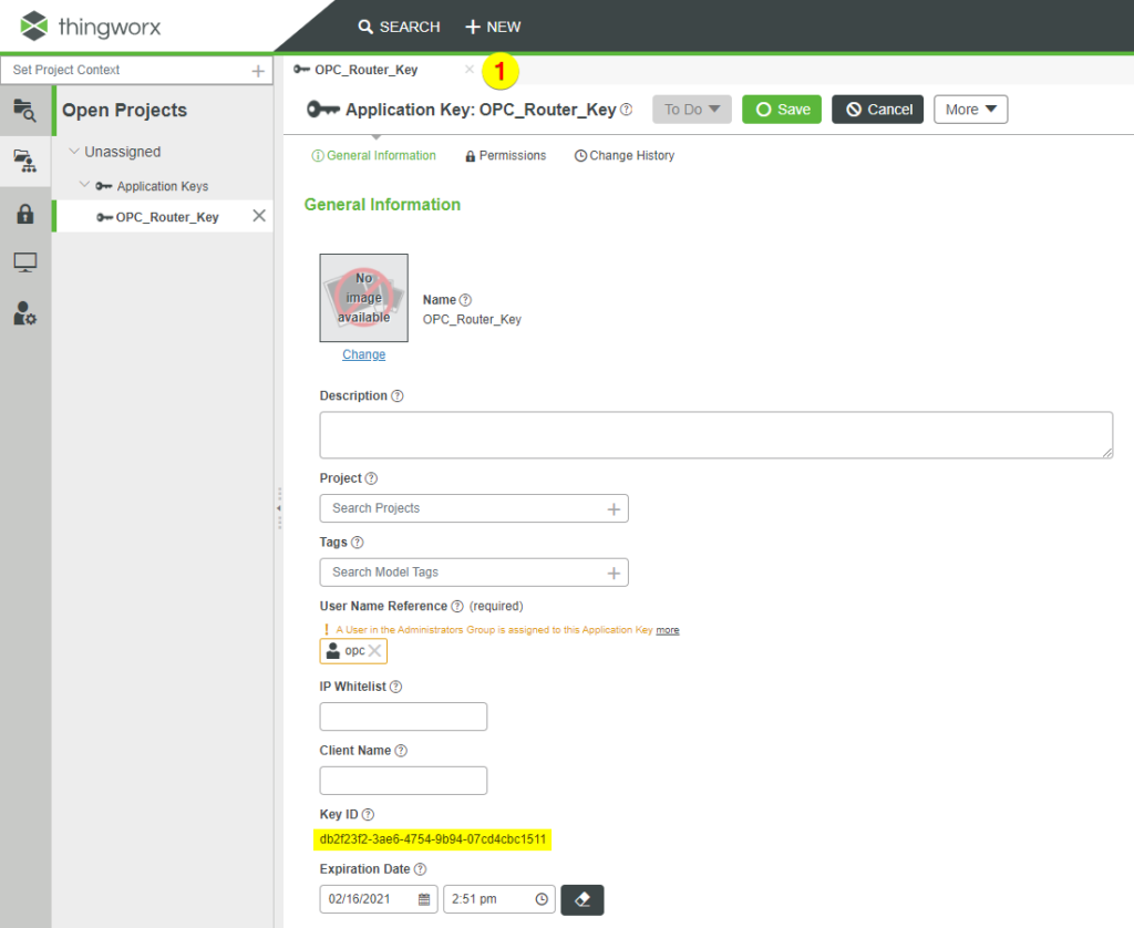 應(yīng)用密鑰 OPC Router Thingworx